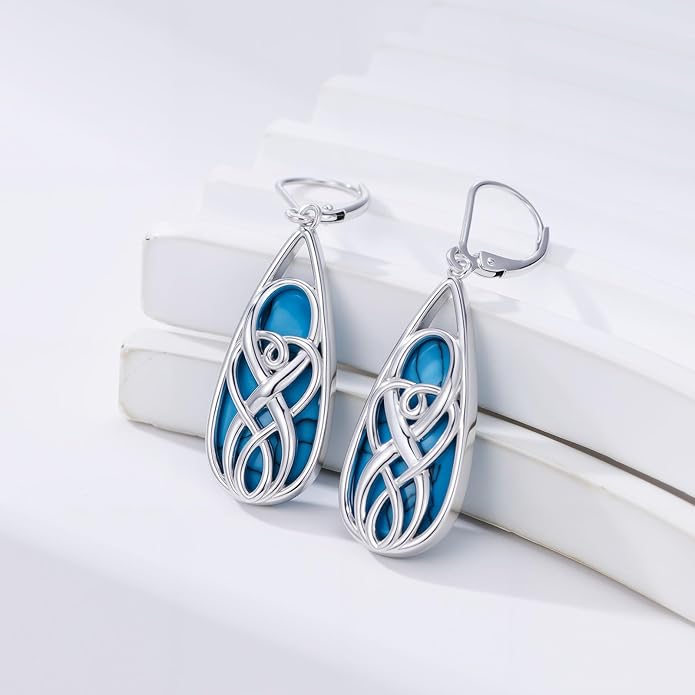 Teardrop Drop Dangle Earrings for Women 925 Sterling Silver Turquoise/Moonstone/White Opal Earrings Celtic Design Boho Jewelry Gifts for Mom Wife Sister