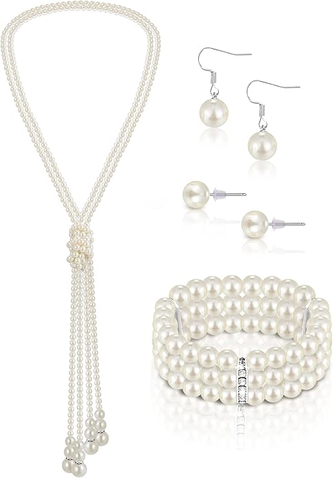 Glenmal Pearl Rhinestone Jewelry Set for Women Pearl Necklace Bracelet Earrings for Wedding Birthday Bridal Shower Tea Party