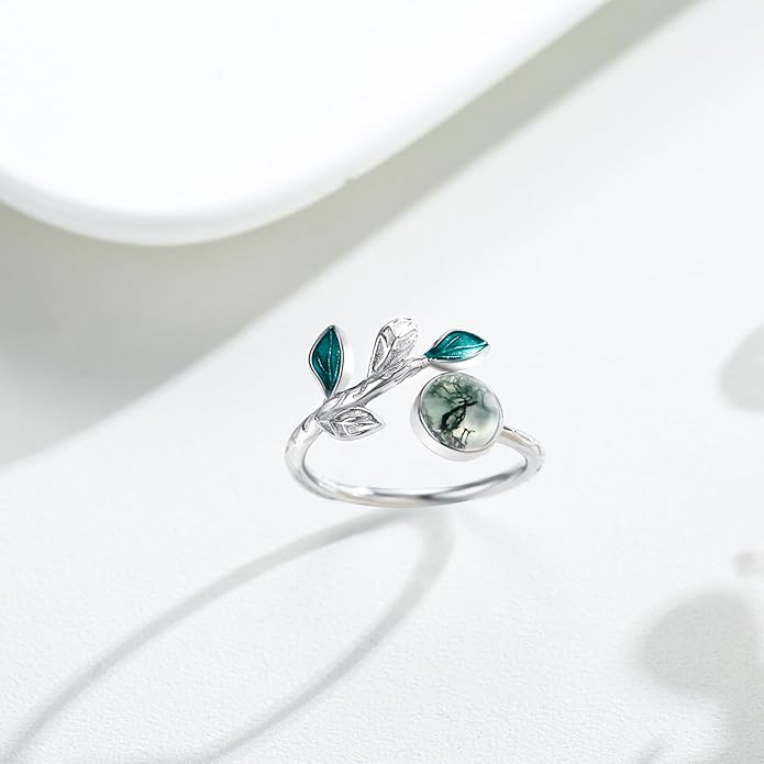 CUOKA MIRACLE Leaf Moss Agate Ring S925 Sterling Silver Moss Agate Rings For Women Engagement Adjustable Rings Leaf Moss Agate's Jewelry Gifts For Women Mother's Day Jewelry Gifts