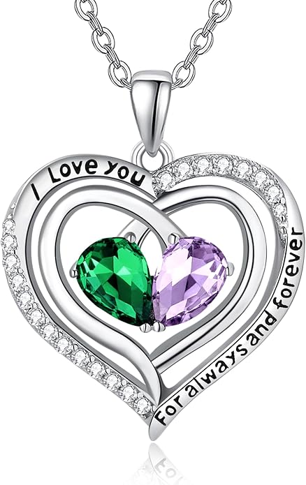 Valentine's Day Gifts for Wife 925 Sterling Silver Double Birthstone Pendant Necklaces I Love You for Always and Forever Necklace Anniversary Birthday Gifts for Wife Girlfriend Mom Her