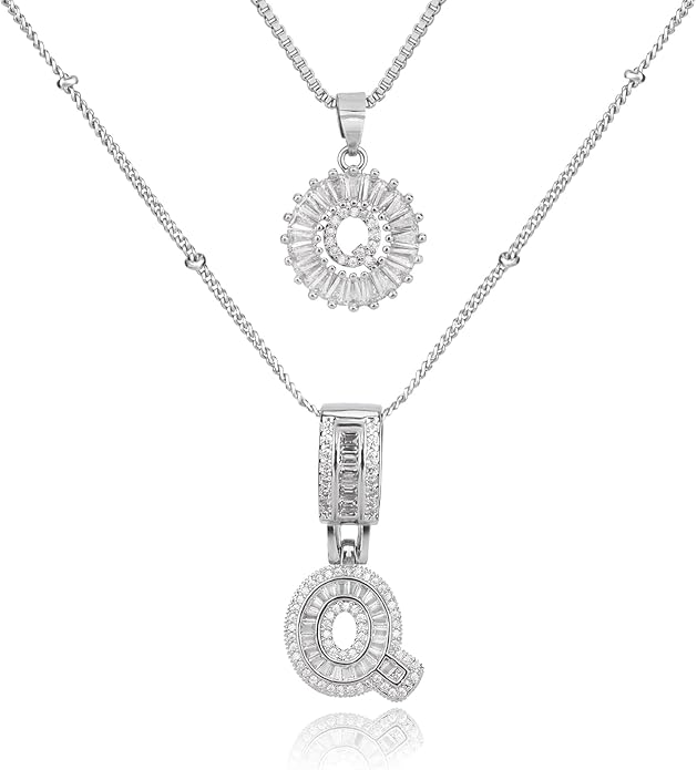 Initial Letter Necklace for Women 14k White Gold Silver Plated Dainty Necklaces Trendy Chunky Custom Layered Necklace Set Personalized Round Circle Zirconia A-Z Letter Chain Pendant Jewelry Gift