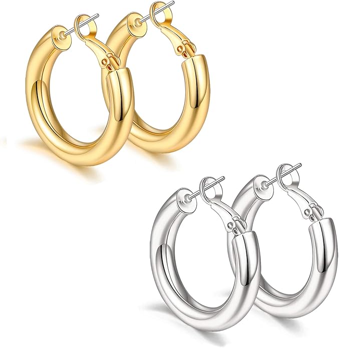 sovesi Chunky Gold Hoop Earrings for Women with 925 Sterling Silver Post, 14K Gold Plated Small Thick Gold Hoops Earrings for Women
