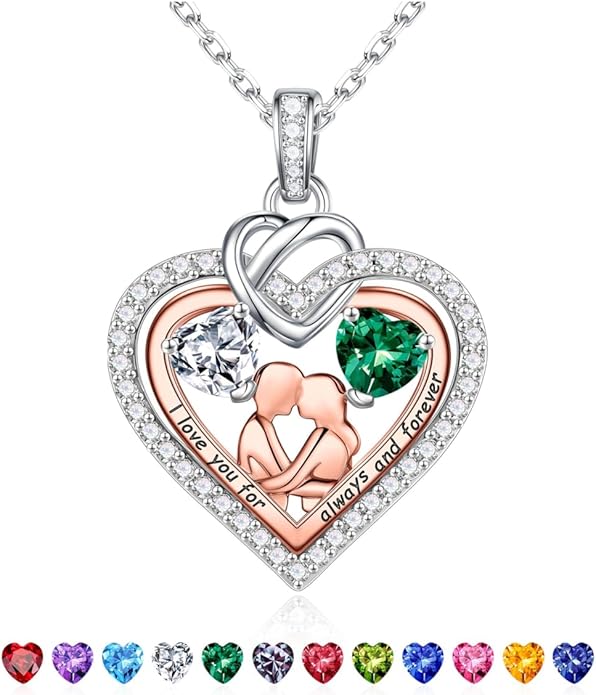 Iefil Valentines Day Gifts for Her - 925 Sterling Silver Double Heart Birthstone Necklace for Women, Anniversary Birthday Gifts for Wife I Love You Gift Couple Sitting Hugging Each Other Jewelry Gift