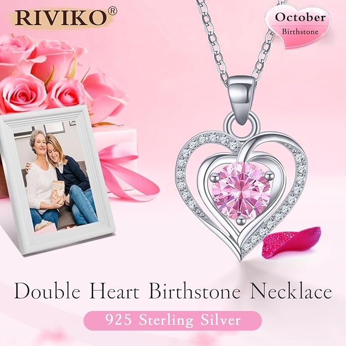 RIVIKO Heart Birthstone Pendant Necklace for Women 925 Sterling Silver Zirconia Necklaces Valentine's Day Anniversary Birthday Mothers Day Jewelry Gifts For Her Mother Wife