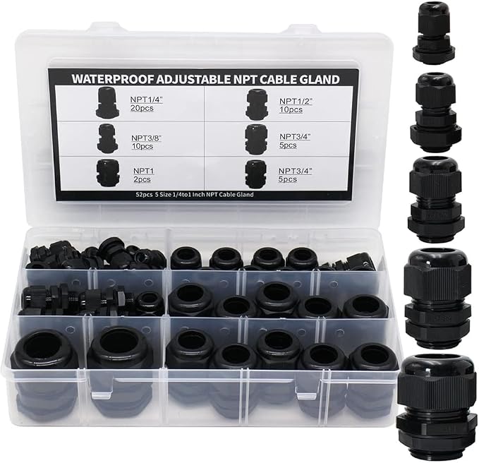 NPT Cable Glands 1/4” 3/8” 1/2” 3/4” 1”- 52 Pack Black Plastic Waterproof IP68 - Image 8