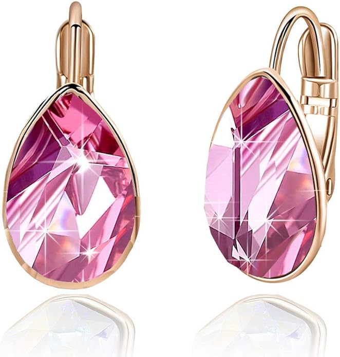 Teardrop Austrian Crystal Leverback Drop Earrings for Women 14K Rose Gold Plated Hypoallergenic Jewelry