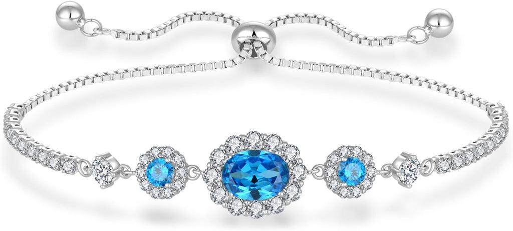 925 Sterling Silver Birthstone Bracelets for Women, Adjustable Halo Cubic Zirconia CZ Bracelet Anniversary Birthday Jewerly for Mom Wife