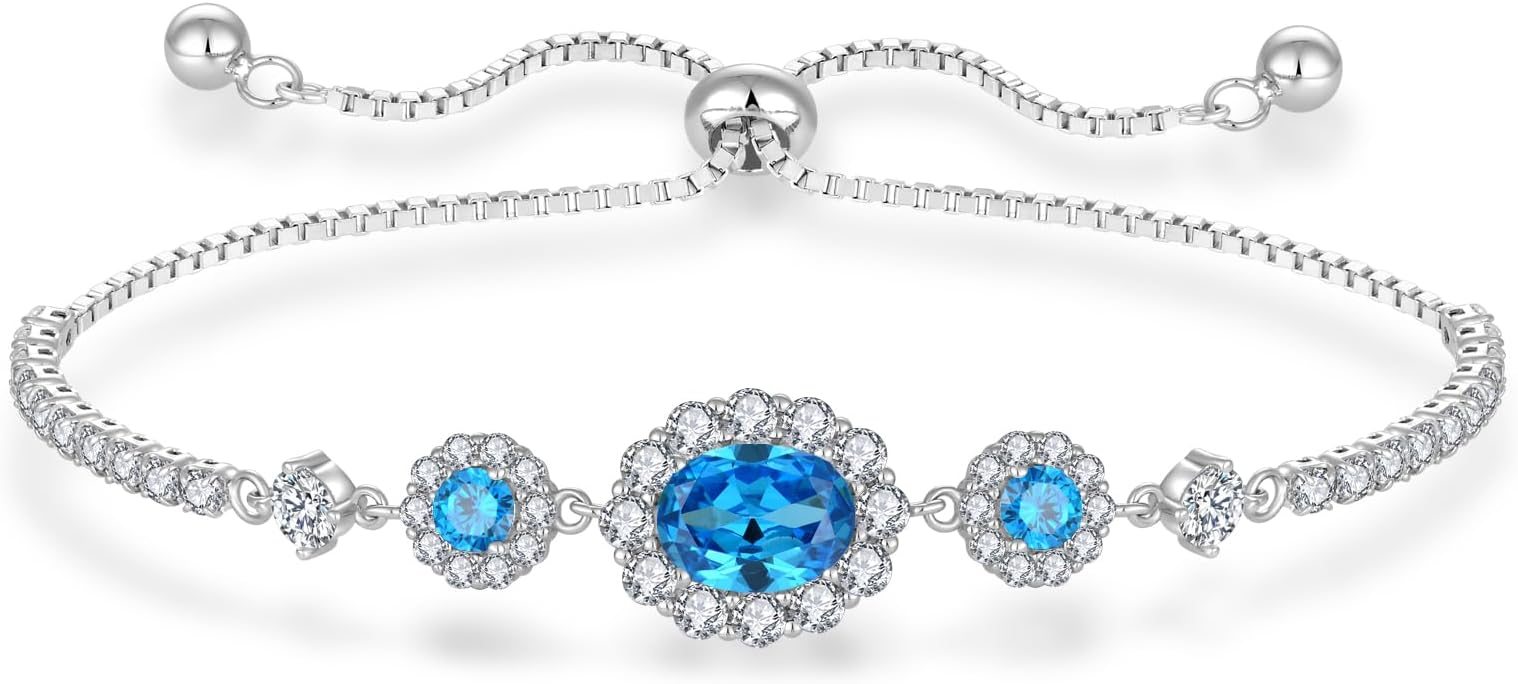 925 Sterling Silver Birthstone Bracelets for Women, Adjustable Halo Cubic Zirconia CZ Bracelet Anniversary Birthday Jewerly for Mom Wife