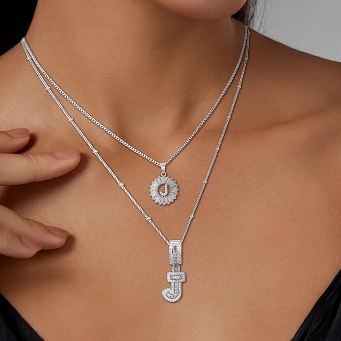 Initial Letter Necklace for Women 14k White Gold Silver Plated Dainty Necklaces Trendy Chunky Custom Layered Necklace Set Personalized Round Circle Zirconia A-Z Letter Chain Pendant Jewelry Gift
