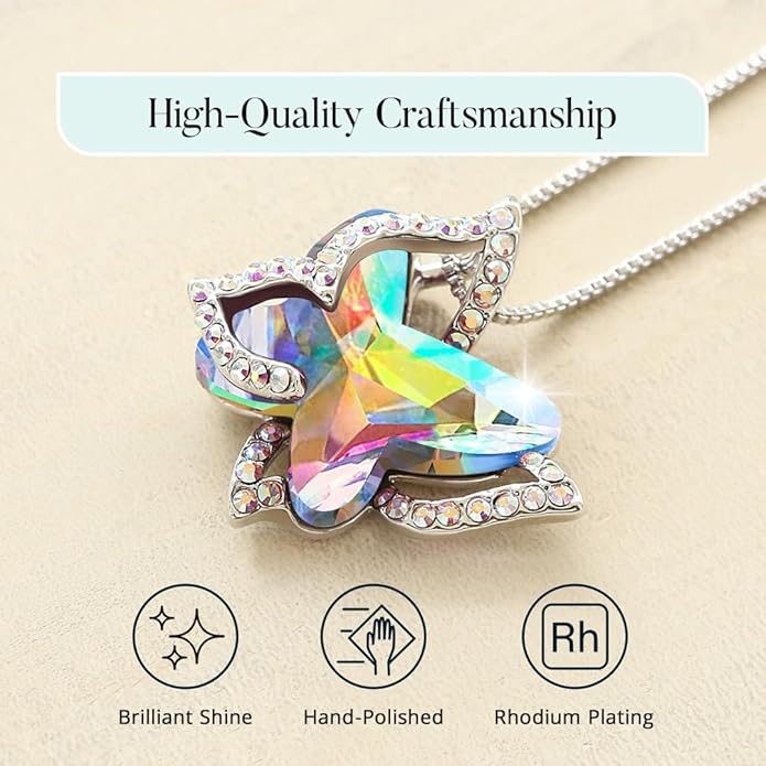 Valentine's Day Gift Butterfly Birthstone Crystal Necklace, Silver Tone with 18”+2” Chain, Necklace for Mother’s Day Anniversary Birthday Gifts for Women and Daughter
