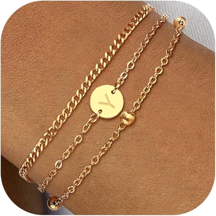 Valentines Day Gifts - A to Z Layered Initial Bracelets for Women - 18K Gold Plated on Stainless Steel Letter Charm Bracelet - Gold Jewelry Gifts for Birthday Christmas