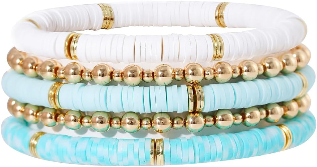 GOOJIDS Surfer Heishi Clay Bead Bracelets for Women Bohemian Stackable Gold Plated Beaded Stretch Bracelets Elastic Layering Friendship Bracelets Set Boho Jewelry