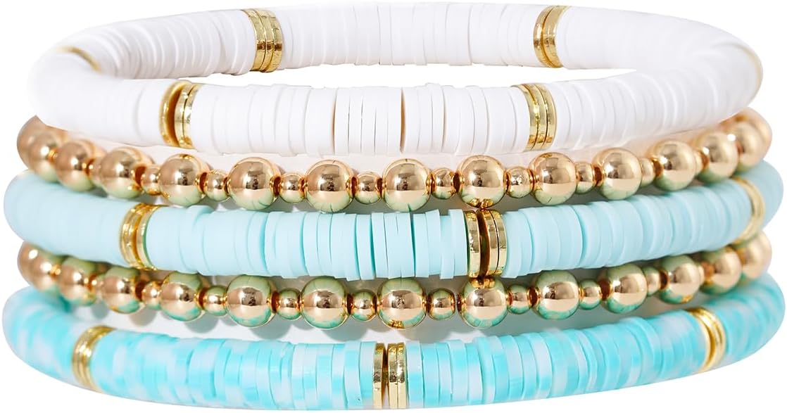 GOOJIDS Surfer Heishi Clay Bead Bracelets for Women Bohemian Stackable Gold Plated Beaded Stretch Bracelets Elastic Layering Friendship Bracelets Set Boho Jewelry