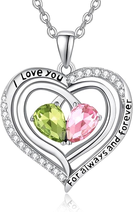 Valentine's Day Gifts for Wife 925 Sterling Silver Double Birthstone Pendant Necklaces I Love You for Always and Forever Necklace Anniversary Birthday Gifts for Wife Girlfriend Mom Her