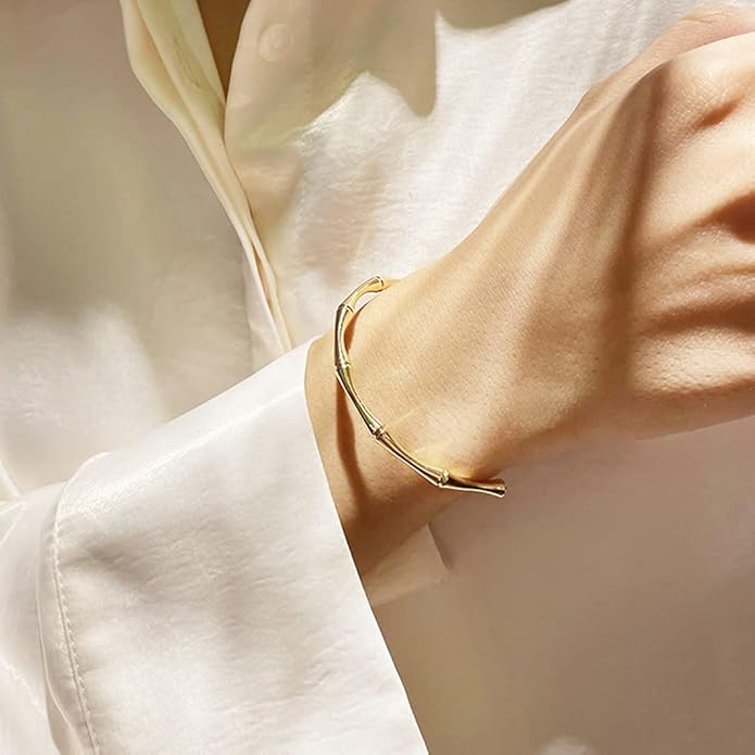PERNNLA PEARL Dainty Gold Bar Bracelet for Women Simple Delicate Thin Cuff Bangle Hook Bracelet 18K Gold Plated Handmade Minimalist Jewelry