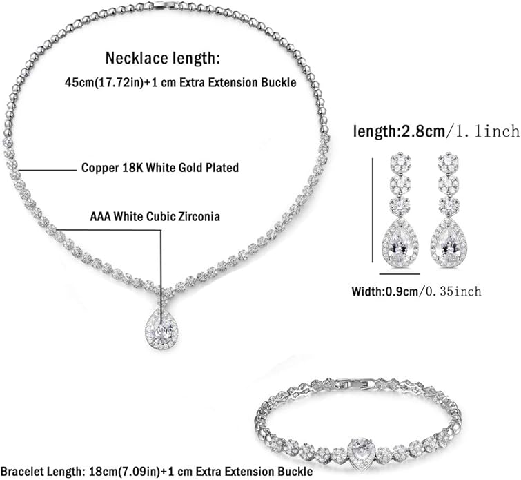 Hadskiss Jewelry Set for Women, Necklace Dangle Earrings Bracelet Set with White AAA Cubic Zirconia, Allergy Free Wedding Party Jewelry for Bridal Bridesmaid