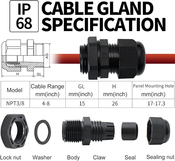 30-Pack 3/8" NPT Cable Glands, IP68 Waterproof Nylon PA66 Strain Relief Cord - Image 2