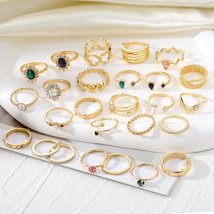 19-36 Pcs Gold Boho Knuckle Rings Set for Women, Vintage Stackable Dainty Joint Finger Gold Jewelry Set with Love Pearl and Sparkling Crystals