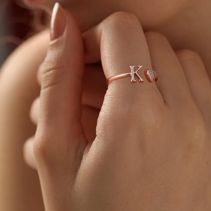 Valentines Day Gift Initial Rings for Teen Girls - S925 Heart Sterling Silver Rings for Teen Girls | 14K Gold/Rose Gold/Sterling Silver Plated Ring for Girls Kids Women Ring for Teenager Girls Gifts Adjustable, No Tarnish, Hypoallergenic