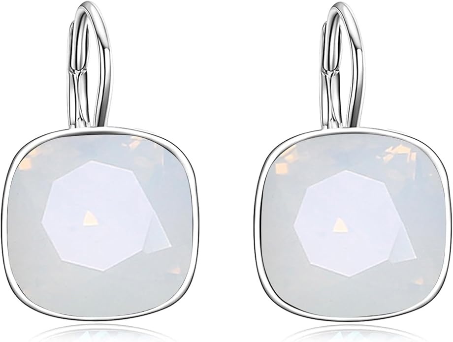 AOBOCO Sterling Silver Leverback Earrings Embellished with Crystals from Austria, Hypoallergenic Cushion Cut Square Crystal Earrings, Fine Anniversary Birthday Jewelry Gifts for Women