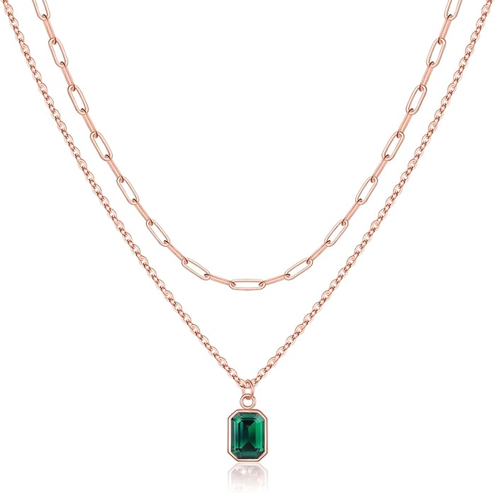 Layered Birthstone Necklace for Women Girls, 14K Gold-Plated Paperclip Chain Choker Necklace with Rectangle Birthstone Pendant Birthday Gifts for Women Girls Dainty Small