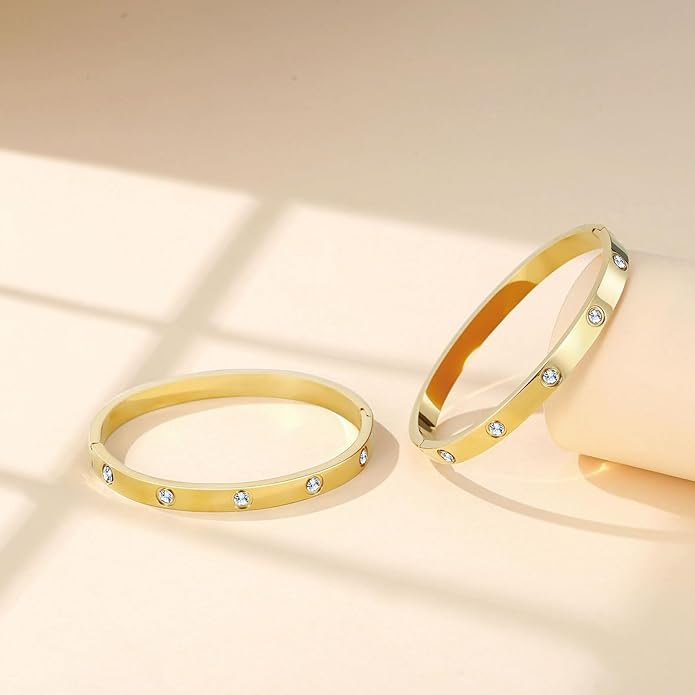 2Pcs 18K Gold-Plated Love Bangle Bracelets set for Women, Stainless Steel Cubic Zirconia Bangle Crystal Friendship Jewelry, Easter Wedding Birthday Gifts for Girlfriend, Wife, Monther
