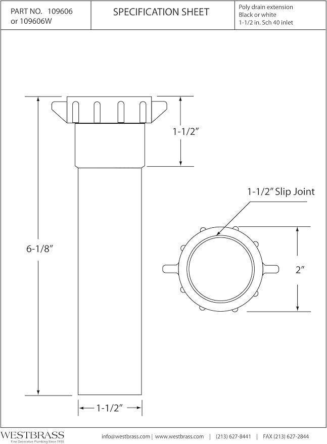 Westbrass 109606-2 1-1/2" x 6" Poly Slip-Joint Bath Drain Waste Assembly - Image 2