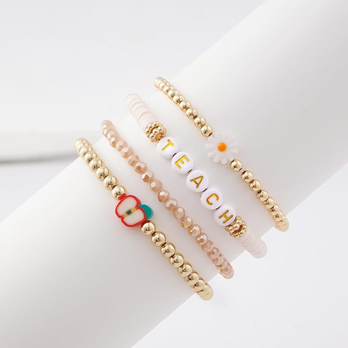 GOOJIDS Surfer Heishi Clay Bead Bracelets for Women Bohemian Stackable Gold Plated Beaded Stretch Bracelets Elastic Layering Friendship Bracelets Set Boho Jewelry