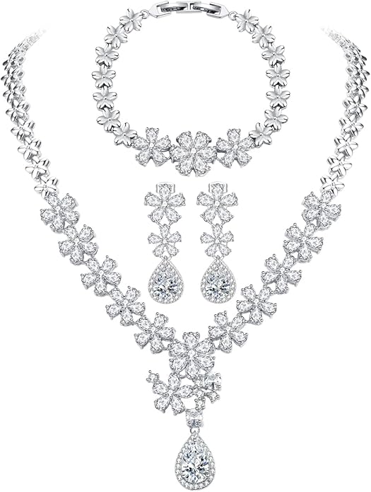 Hadskiss Jewelry Set for Women, Necklace Dangle Earrings Bracelet Set with White AAA Cubic Zirconia, Allergy Free Wedding Party Jewelry for Bridal Bridesmaid
