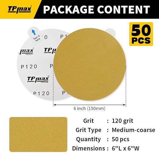 6-Inch 120-Grit Gold PSA Sanding Discs, 50 Pack – Pro-Grade Self-Adhesive - Image 2