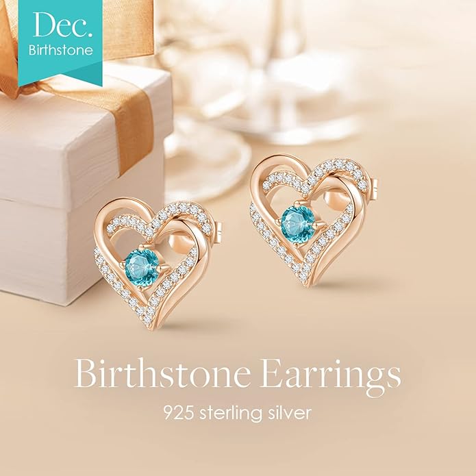 CDE Forever Love Heart Stud Earrings for Women, 925 Sterling Silver Birthstone Heart Stud Earrings Christmas Day Mother's Day Gift Anniversary Birthday Jewelry Gifts for Women Wife Her