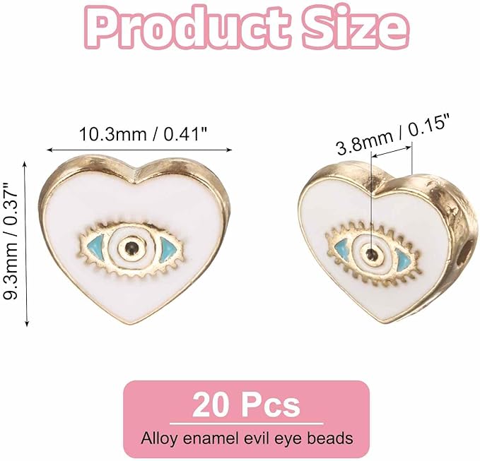 MECCANIXITY 20 Pcs Heart Evil Eye Beads Colorful Flat Loose Spacer Evil Eye Charms for DIY Bracelet Earrings Necklace Crafts Jewelry Making, White