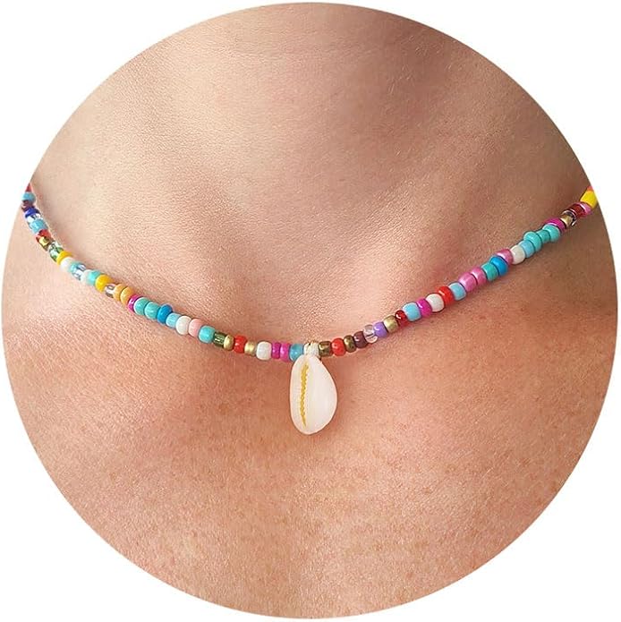 VRIUA Colorful Beaded Necklaces for Women – Summer Beach Boho Starfish, Conch, Shell, Pearl, Palm tree Pendant Necklace Jewelry