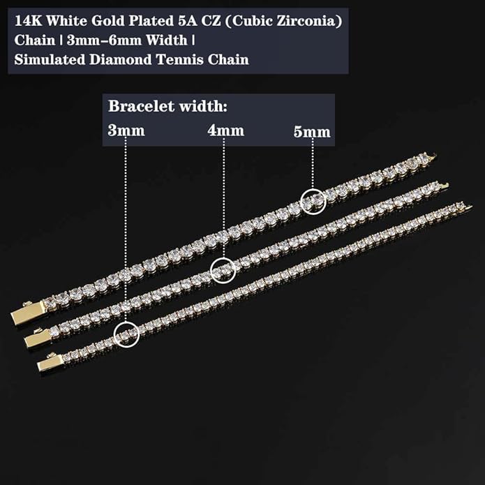 ITALIAN 5A LAB ZIRCONIA Tennis Bracelet for Men | 14K Gold Plated 925 Silver Bold Statement Jewelry | 3mm 4mm 5mm Width Options | Men's Diamond Bracelet, Gold & Rhinestone Tennis Bracelets Gift for Women & Men