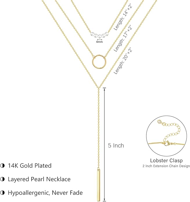 Lariat Gold Necklace for Women Dainty Long Necklace 14k Gold Plated/Silver Y-Shaped Pendant Drop Chain Trendy Layered Pearl/Beaded/CZ Necklaces Simple Gold Jewelry For Women Gift