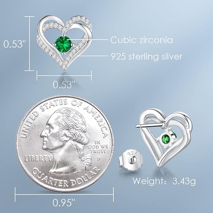 CDE Forever Love Heart Stud Earrings for Women, 925 Sterling Silver Birthstone Heart Stud Earrings Christmas Day Mother's Day Gift Anniversary Birthday Jewelry Gifts for Women Wife Her