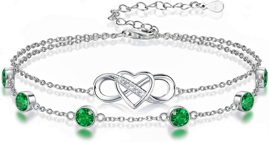 Prismata Infinity Birthstone Charm Link Bracelet 925 Sterling Silver Adjustable 12 Months Birthstone Infinity Bracelet Birthday Jewelry Gifts for Women Mom Her,with 7"+2" chain