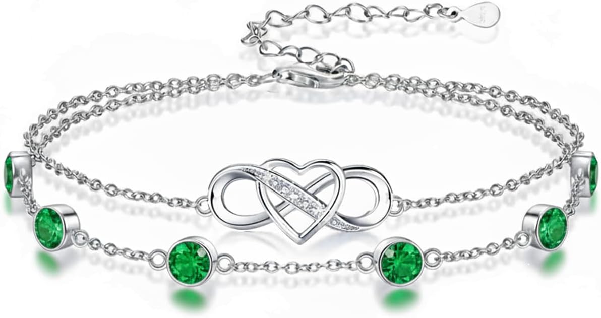 Prismata Infinity Birthstone Charm Link Bracelet 925 Sterling Silver Adjustable 12 Months Birthstone Infinity Bracelet Birthday Jewelry Gifts for Women Mom Her,with 7"+2" chain