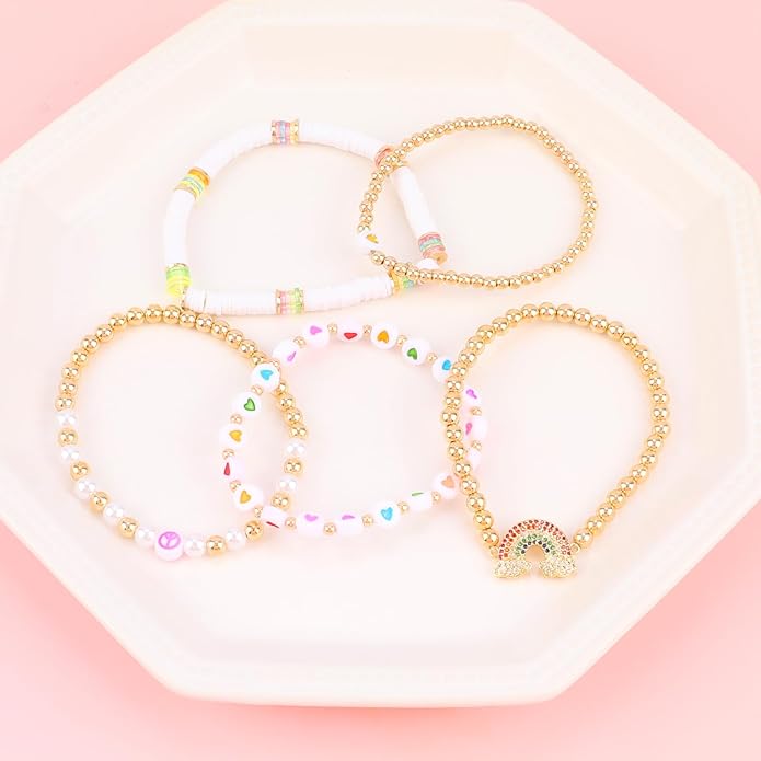 Bohemian Colorful Beaded Bracelets for Women Boho Stackable Natural Stone Letter Clay Glass Beads Stretch Bracelet Set with Charm, Cute Rainbow Friendship Bracelets for Summer Vacation