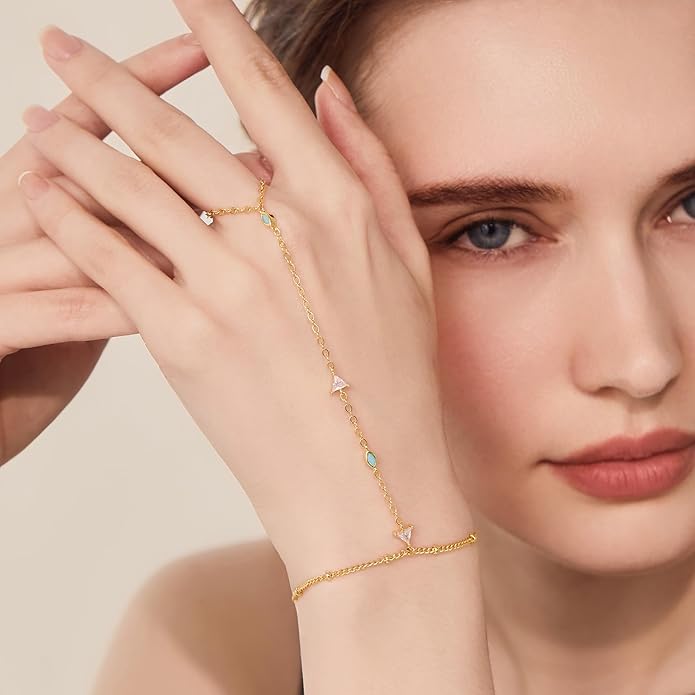 Cicy Bell Hand Chain 18k Gold Plated Bracelet for Women Trendy Teardrop Cubic Zirconia Adjustable Finger Ring Slave Dainty Bracelets Jewelry Gifts