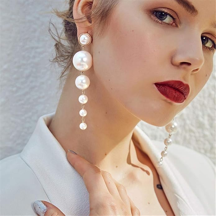 Boho Gold Long Tassel Fringe Dangle Pearls Thin Handmade Bohemian Statement Earrings for Women Daily Party