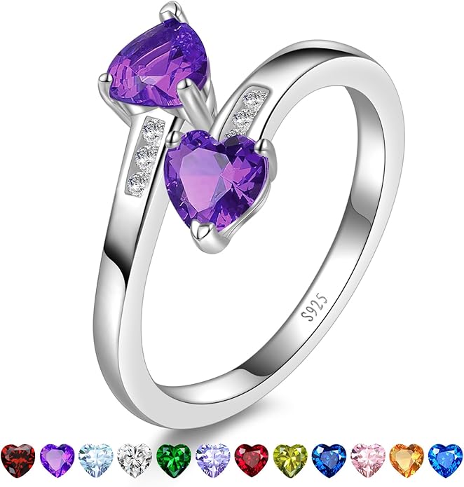 1CT Adjustable Women Heart Ring 925 Sterling Silver Birthstone Rings for Women Promise Ring for her Simulated Gemstone Statement Stackable Band Width 2mm Open Size 5~9