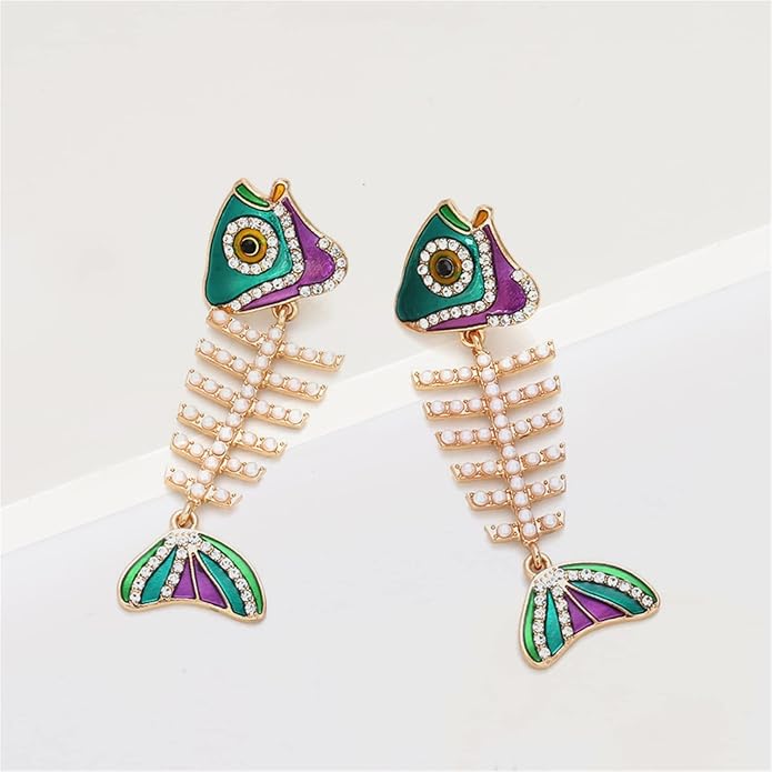 Creative Exaggerated Long Colorful Sparkly Crystal Fish Bone Dangle Drop Earrings Vintage Gold Cute Enamel Diamond Animal metal Stud Earrings