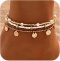 Shell Ankle Bracelet Set for Women, Gold Plated Boho Bead Adjustable Anklet, Hawaiian Beach Seashell Pearl Heart Starfish Conch Foot Jewelry Gifts
