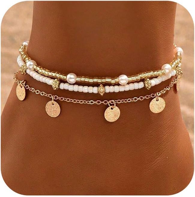 Shell Ankle Bracelet Set for Women, Gold Plated Boho Bead Adjustable Anklet, Hawaiian Beach Seashell Pearl Heart Starfish Conch Foot Jewelry Gifts