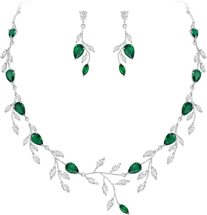EVER FAITH Wedding Jewelry for Bride Women Bridesmaid, Sparkly Cubic Zirconia Pear-Shaped Birthstone Leaf Necklace Earrings Set for Prom