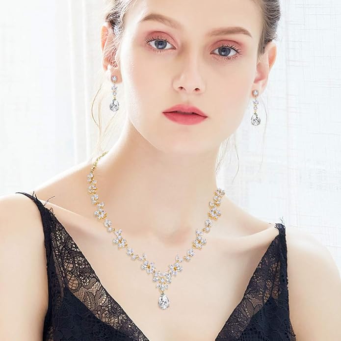 Hadskiss Jewelry Set for Women, Necklace Dangle Earrings Bracelet Set with White AAA Cubic Zirconia, Allergy Free Wedding Party Jewelry for Bridal Bridesmaid