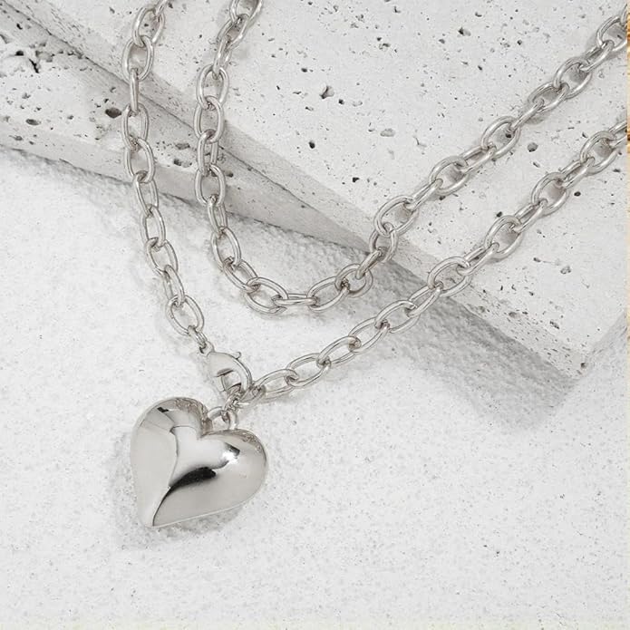 Chunky Gold Heart Necklace for Women,Y2K Big Heart Statement Necklace Long Puffy Hearts Chain Charm Necklaces Trendy Jewerly