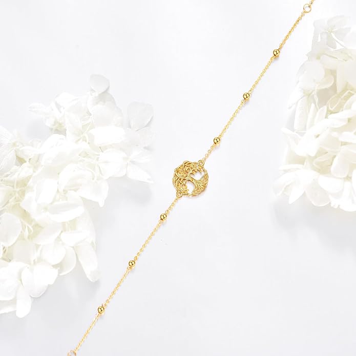 KECHO 14k Yellow Gold Butterfly/Dragonfly/Frog/Sunflower/Daisy/Tree of life/Moon/Clover Bracelet Anklet for Women