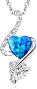 LOUISA SECRET 925 Sterling Silver Opal Birthstone Necklace, Unique Tiny Double Heart Pendant Jewelry, Engraved with "S925 I Love You" Best Birthday Gift for Women Wife Girlfriend Mom Her, Christmas Day Valentine's Day Anniversary Mother's Day